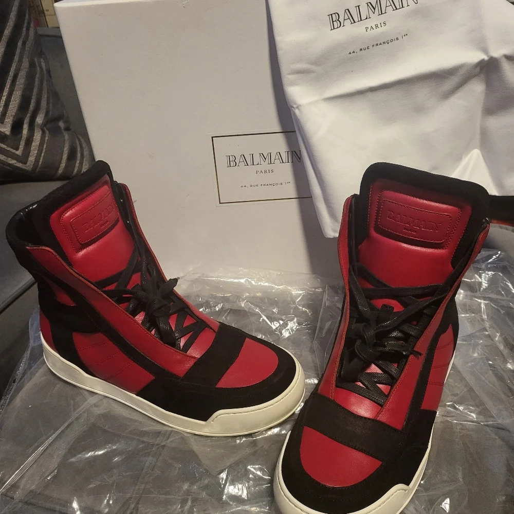 Balmain Black and Red High-Top Sneakers - Picture 1 of 10